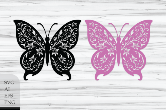 Butterfly Silhouette with Flowers: Graphics & Illustrations