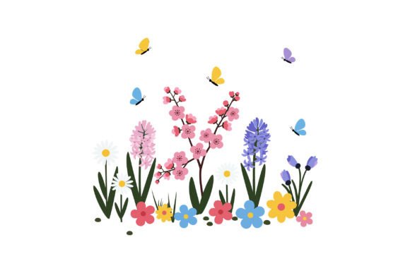 Colorful Flowers with Butterflies in Fla: Graphics & Illustrations
