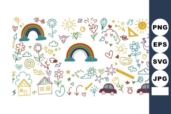 Colorful Hand-drawn Rainbows Flowers Sun Graphics