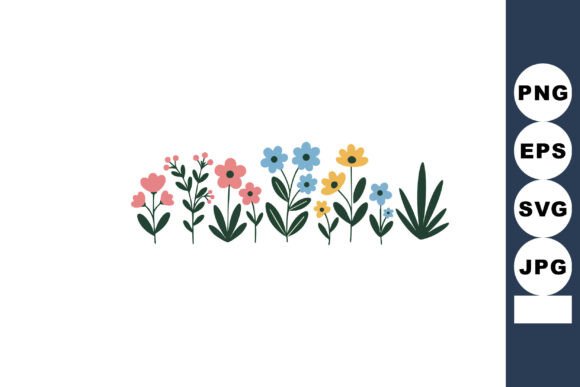 Colorful Pink Blue Yellow Flowers with G: Graphics & Illustrations