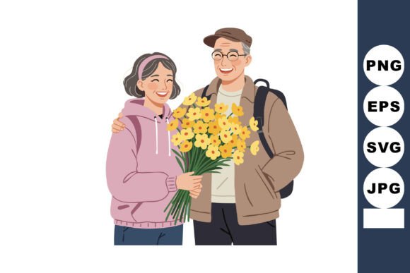 Elderly Couple Yellow Flowers: Warm Graphics & Illustrations