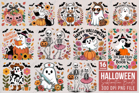 Halloween Ghost Fall Flowers: Spooky Graphics & Illustrations