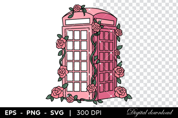 Pink Retro Telephone Booth with Roses: Graphics & Illustrations