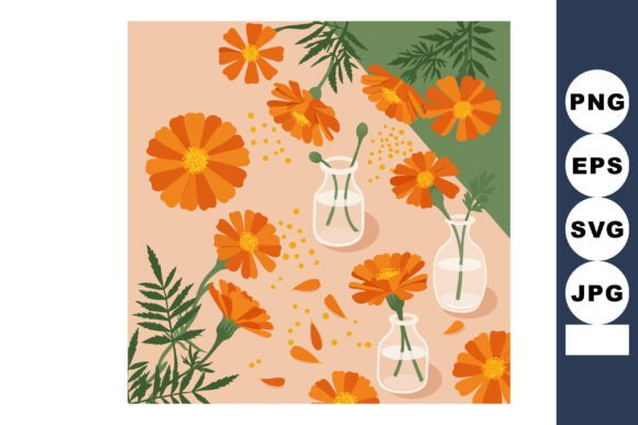 Review: Orange Marigold Flowers with Green Leaves for Embroidery