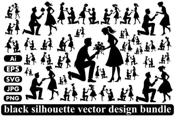 Silhouette Man Gives Flowers to Woman Graphics & Illustrations