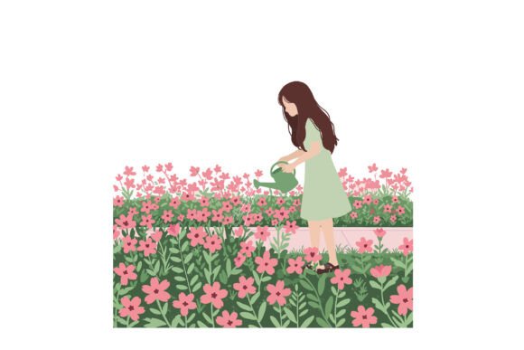 Young Girl Watering Flowers: Vibrant Graphics & Illustrations